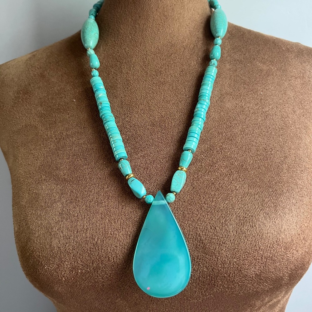 Vtg Faux Turquoise Blue Beaded Teardrop Pendant Necklace 24" Southwestern Y2K